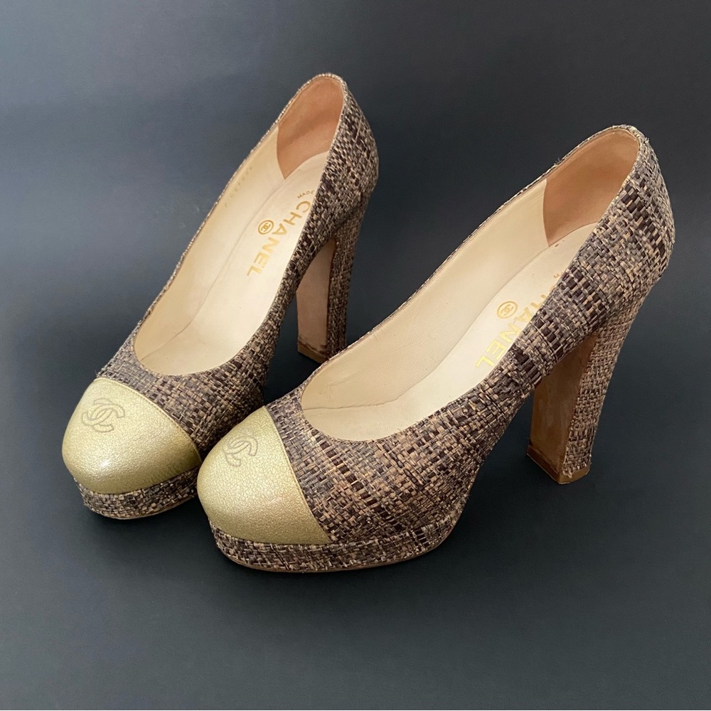 CHANEL Women's Textured Brown and Gold Heels